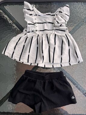 Calvin Klein White & Black Striped Ruffle Top with Black Shorts